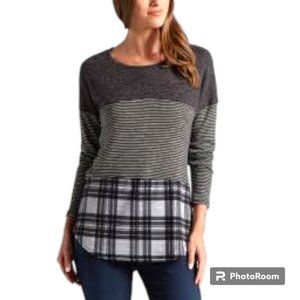 Truself long sleeve Multi Media Oversized Tunic stripes, plaid and lace sz L